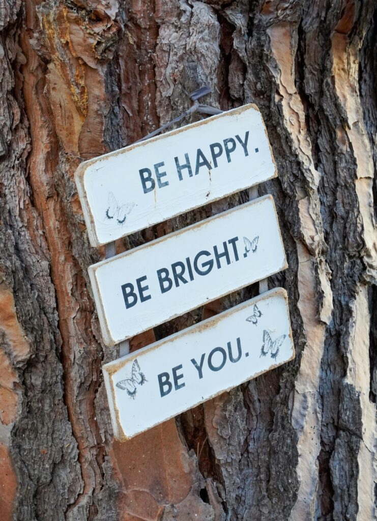pexels-photo-17467915-17467915 Close-up of a rustic tree with inspirational signs saying 'Be Happy, Be Bright, Be You.'